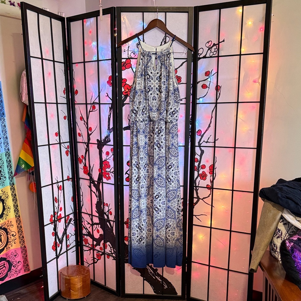 London Times Blue and White Printed Halter Dress - Picture 3 of 9